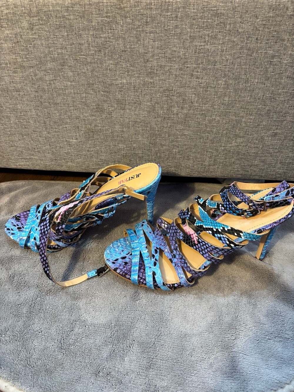 JustFab Pasca Multi-Color Snake Print Strappy Stiletto Sandals 10